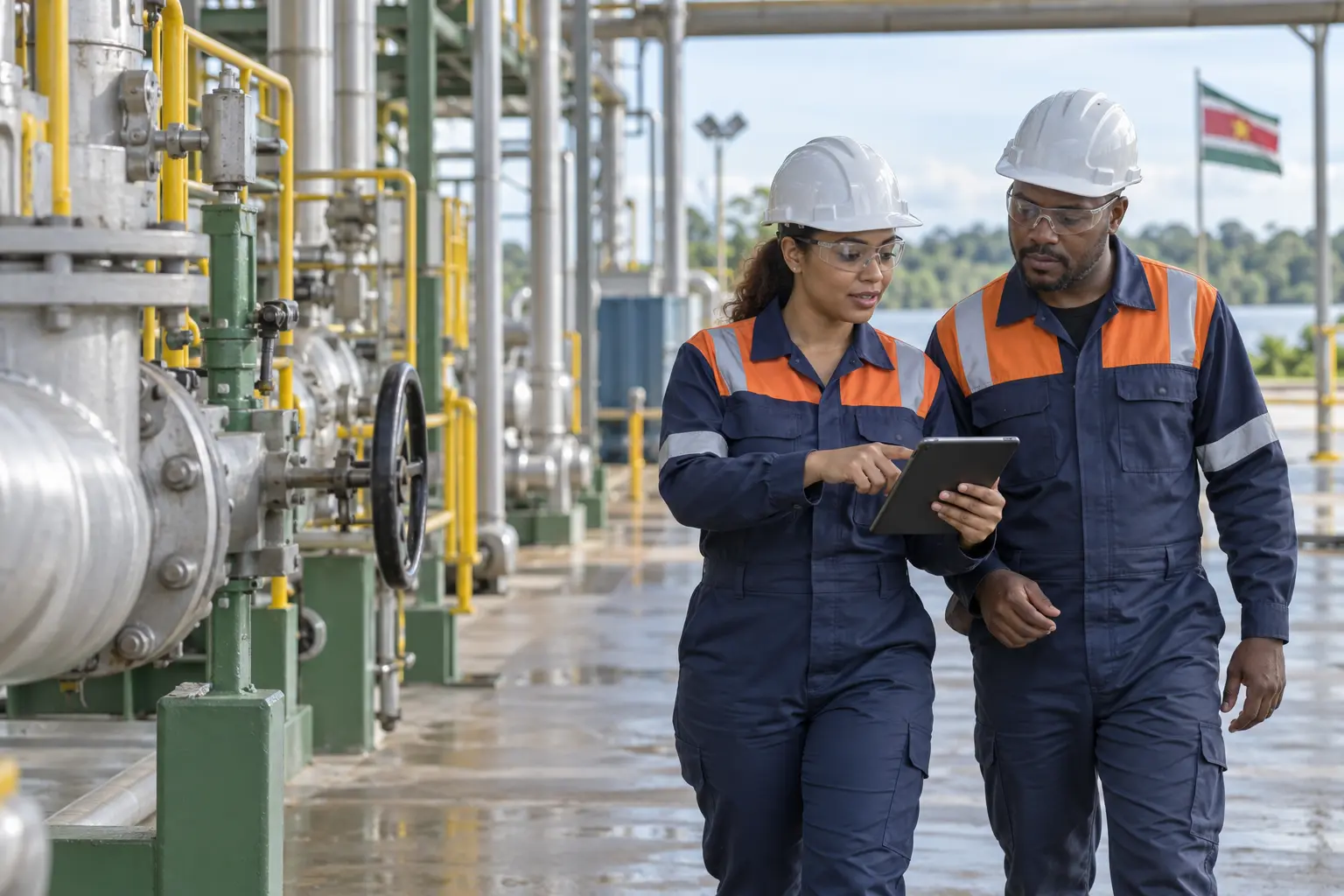 Operations professionals reviewing information on site